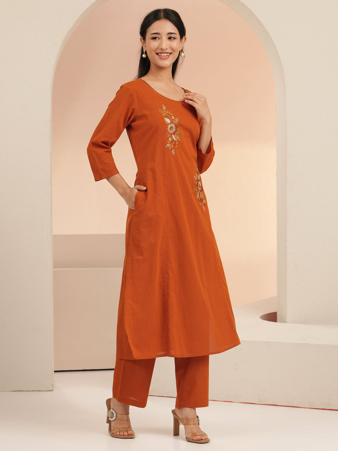Mameraa Rust Floral Embroidered Cotton Co-Ord Set