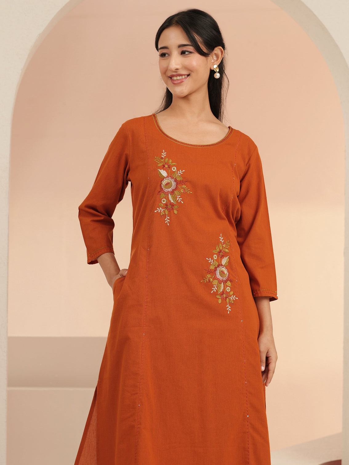 Mameraa Rust Floral Embroidered Cotton Co-Ord Set