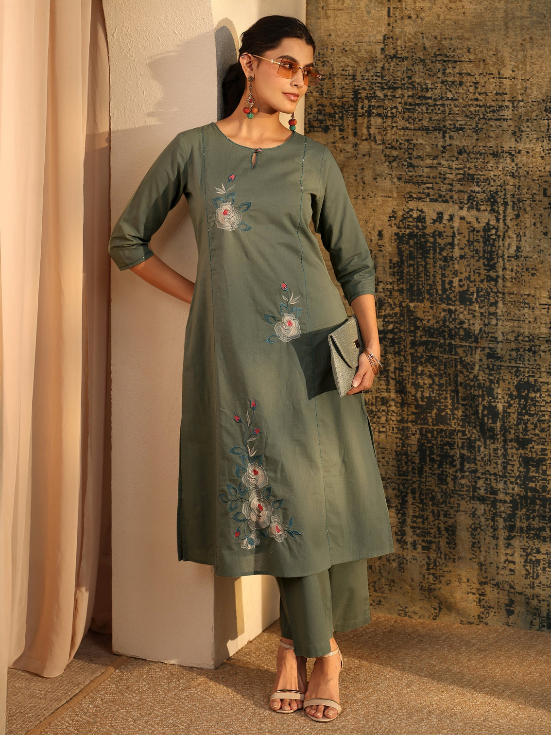Mameraa Olive Green Floral Embroidered Cotton Co-Ord Set