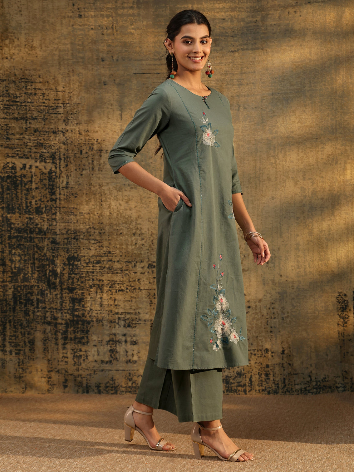 Mameraa Olive Green Floral Embroidered Cotton Co-Ord Set