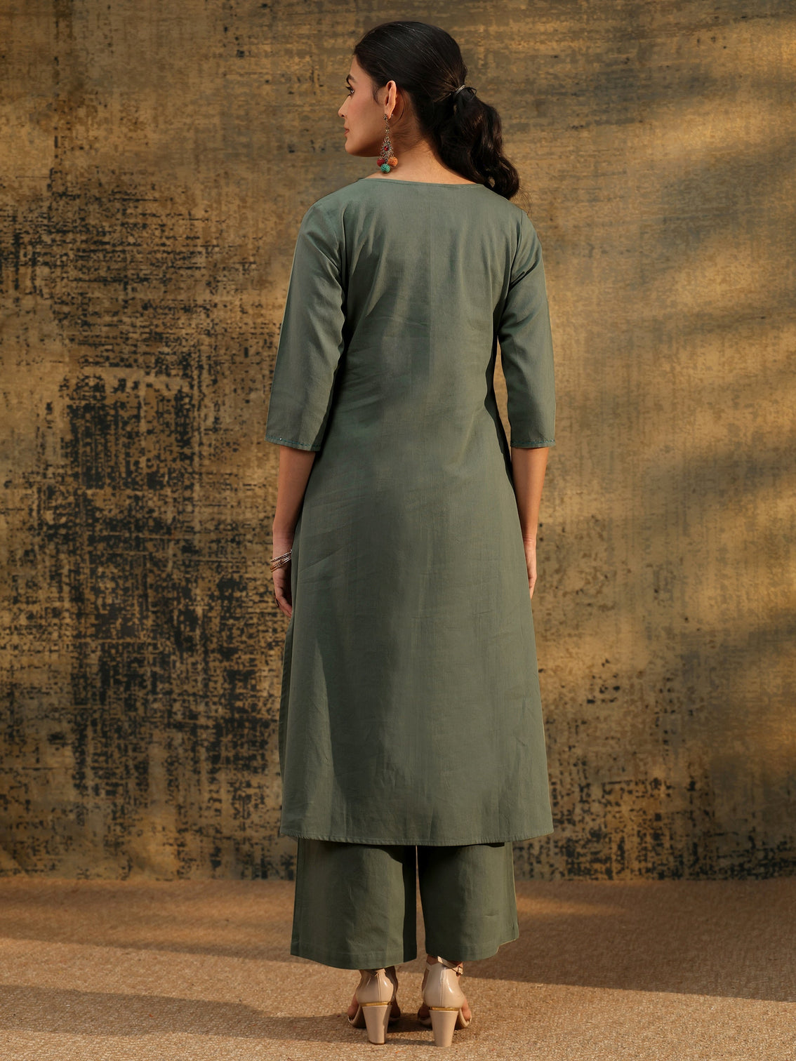 Mameraa Olive Green Floral Embroidered Cotton Co-Ord Set