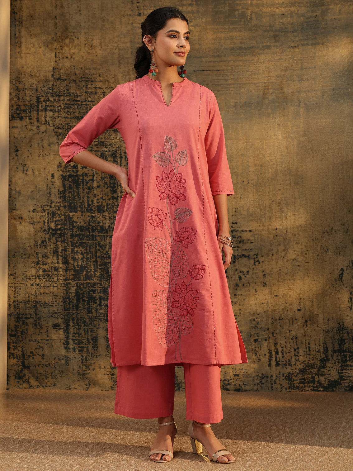 Mameraa Peach Pink Floral Embroidered Cotton Co-Ord Set