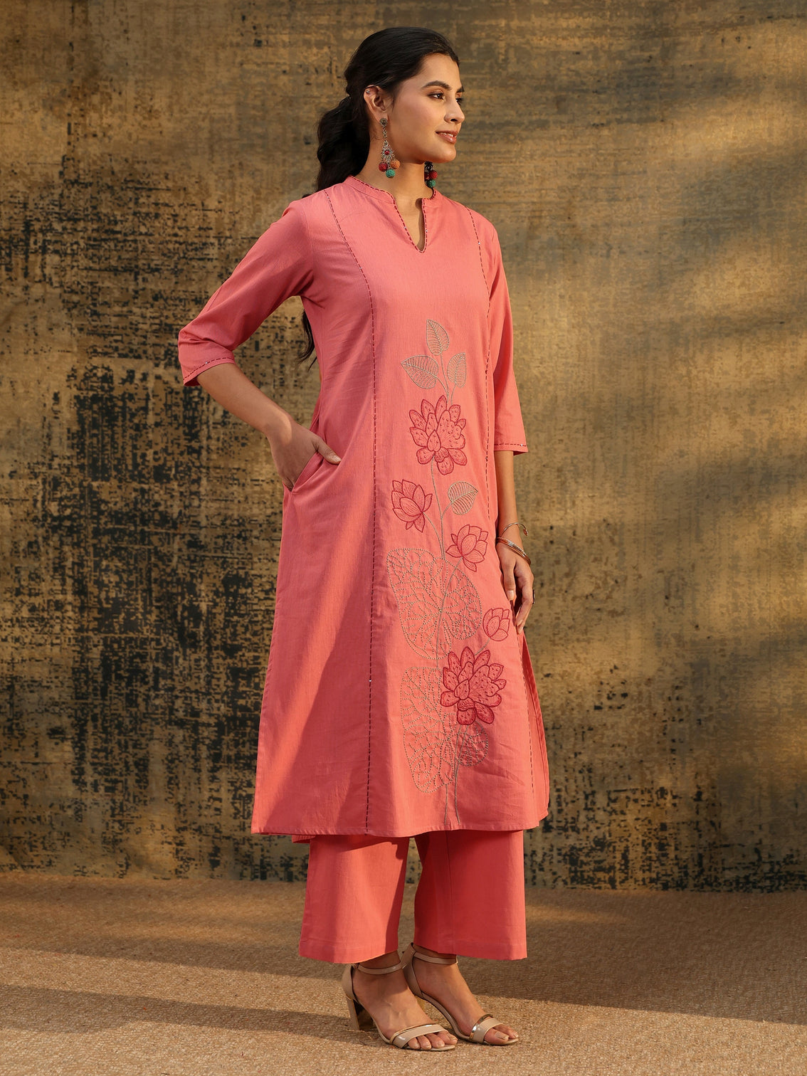 Mameraa Peach Pink Floral Embroidered Cotton Co-Ord Set