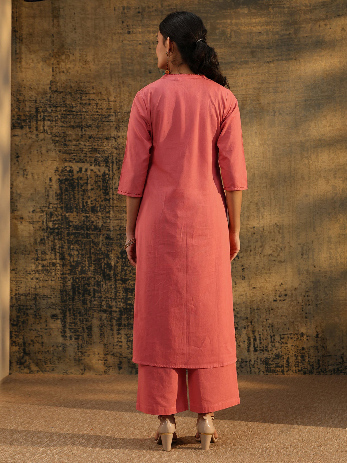 Mameraa Peach Pink Floral Embroidered Cotton Co-Ord Set