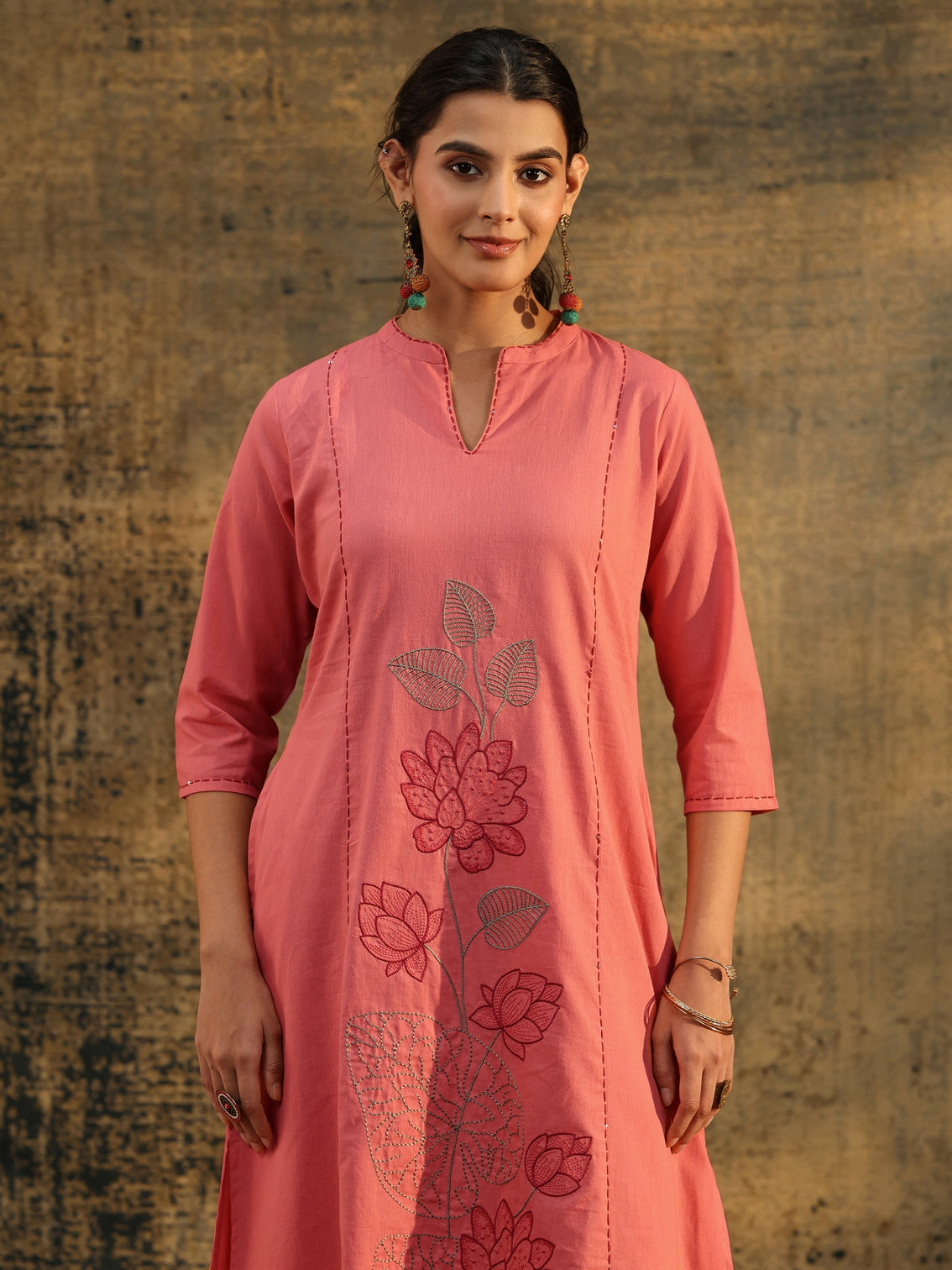 Mameraa Peach Pink Floral Embroidered Cotton Co-Ord Set