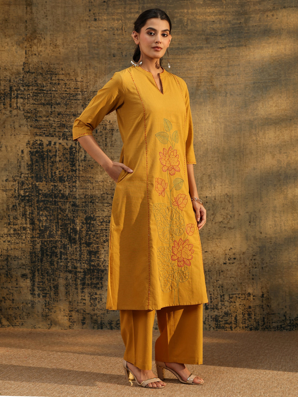 Mameraa Mustard Floral Embroidered Cotton Co-Ord Set