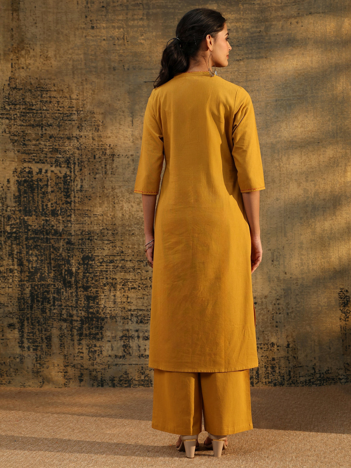 Mameraa Mustard Floral Embroidered Cotton Co-Ord Set