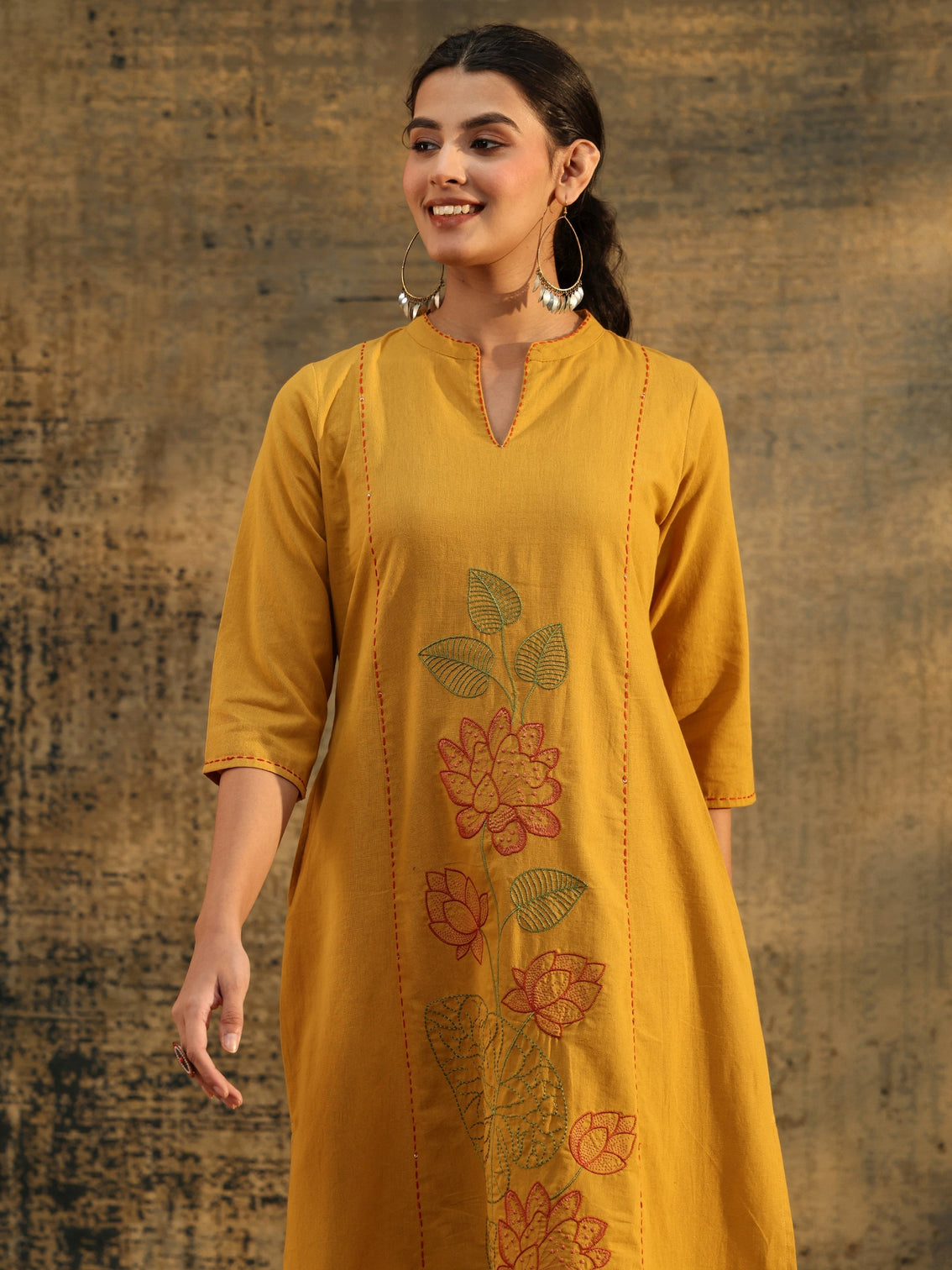 Mameraa Mustard Floral Embroidered Cotton Co-Ord Set