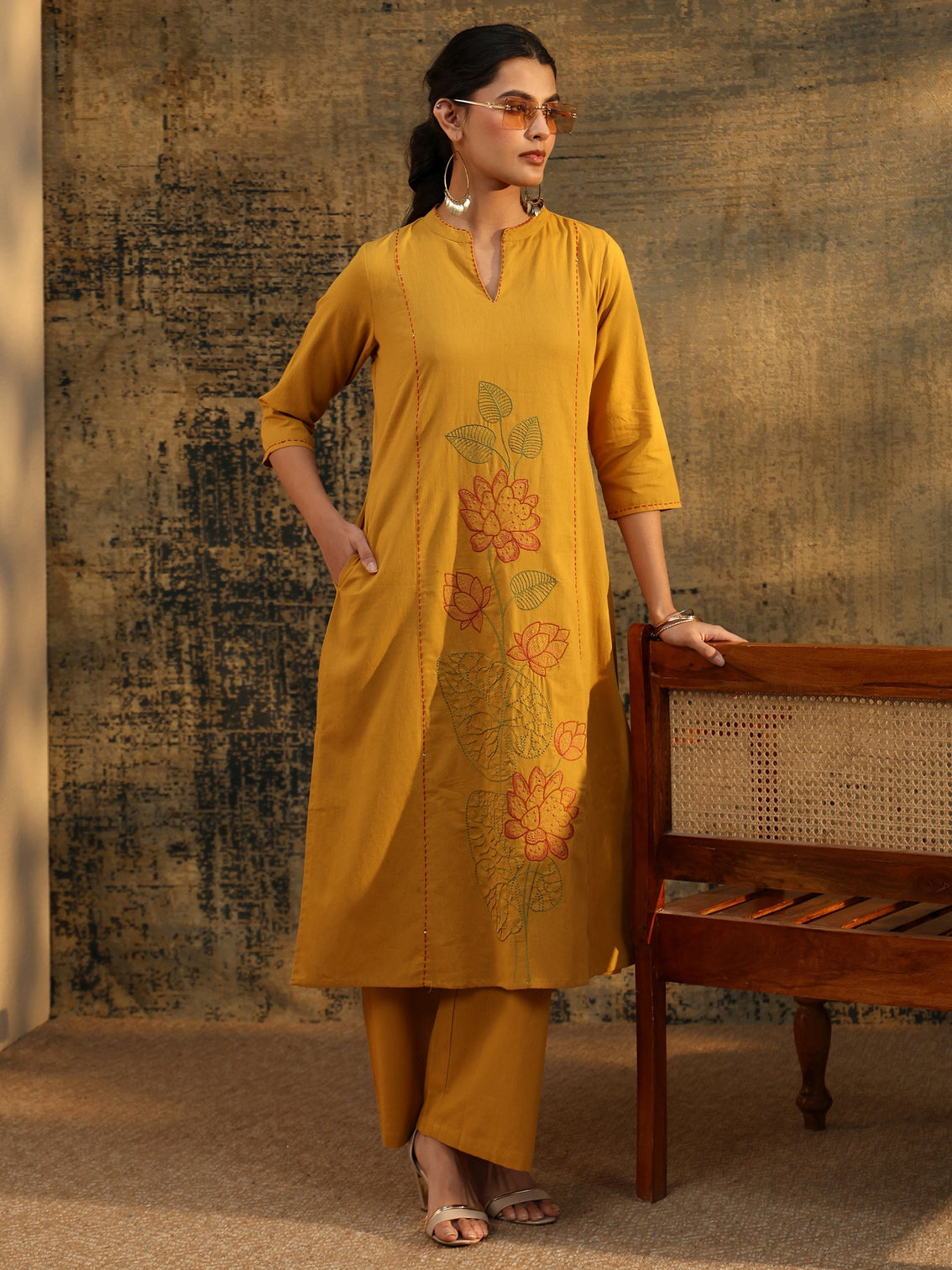 Mameraa Mustard Floral Embroidered Cotton Co-Ord Set