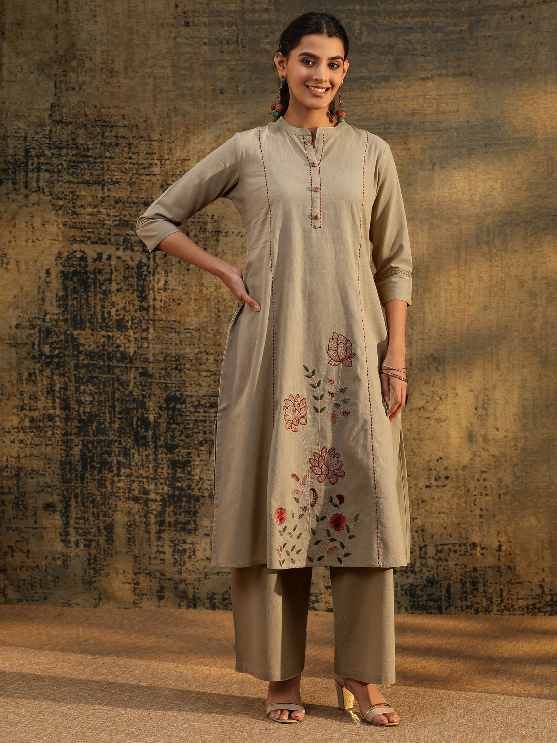 Mameraa Beige Floral Embroidered Cotton Co-Ord Set