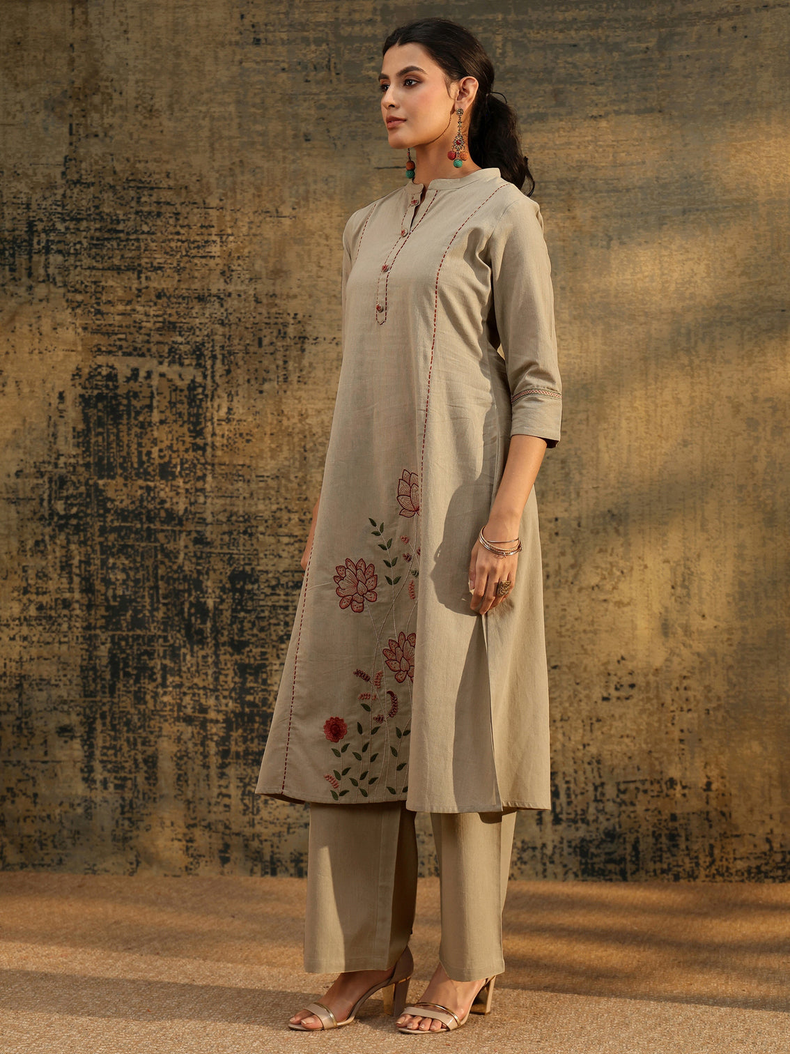 Mameraa Beige Floral Embroidered Cotton Co-Ord Set