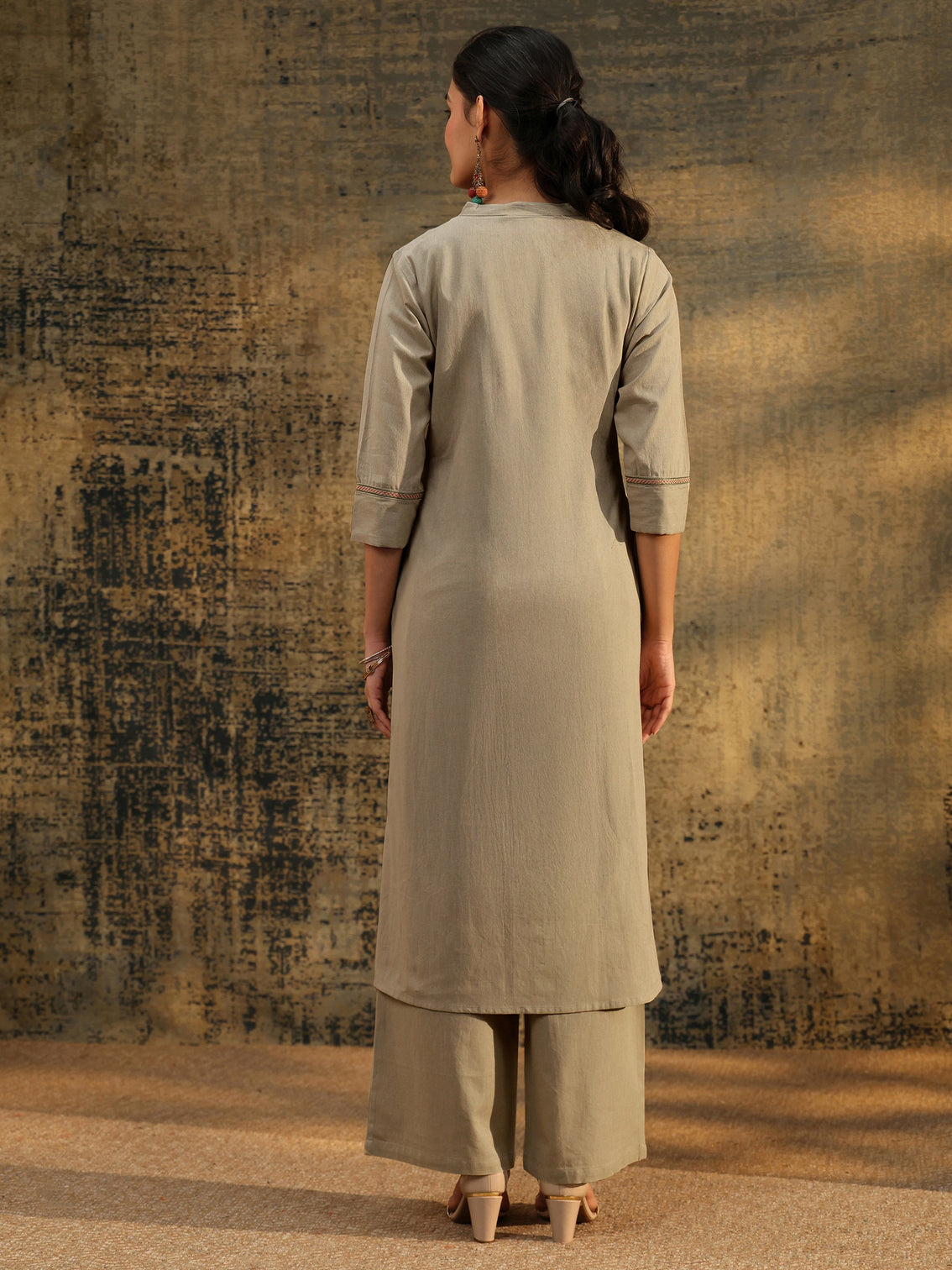 Mameraa Beige Floral Embroidered Cotton Co-Ord Set
