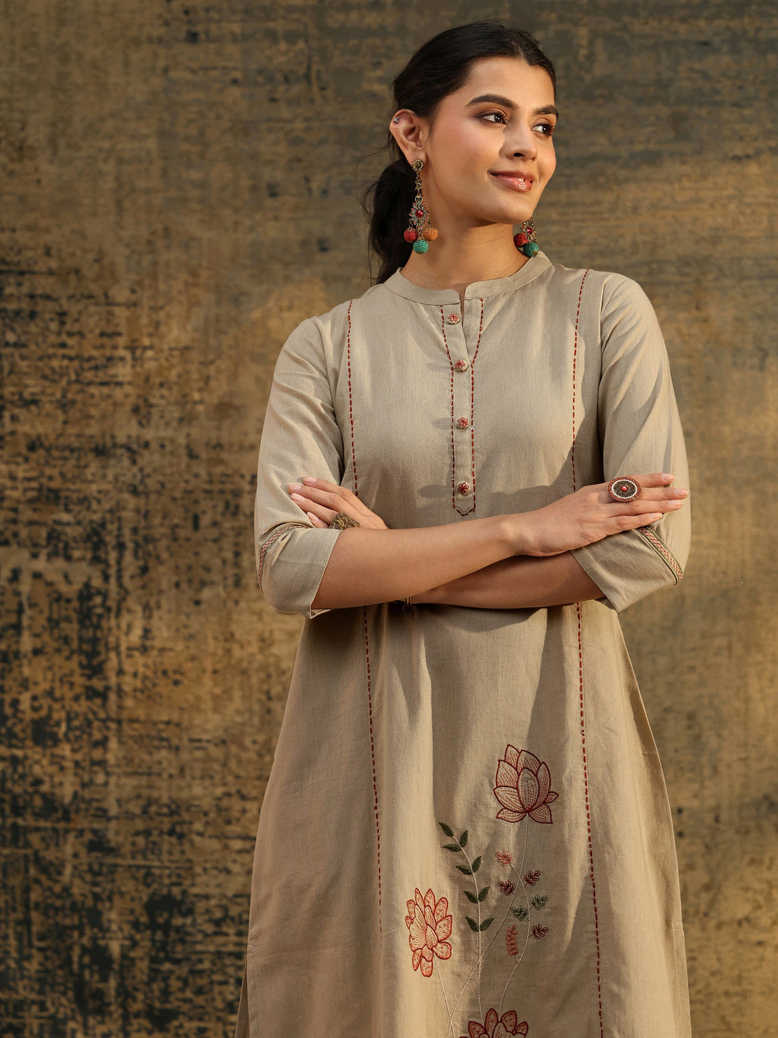 Mameraa Beige Floral Embroidered Cotton Co-Ord Set