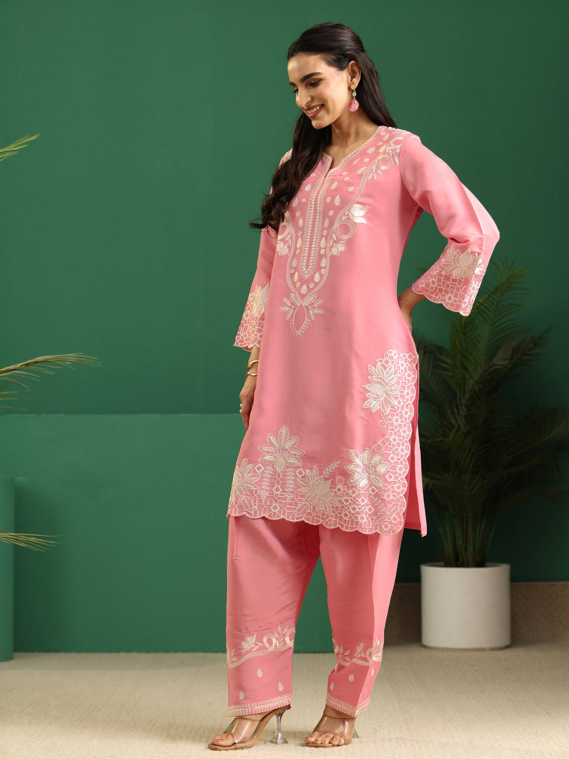 Mameraa Baby Pink Floral Embroidered Silk Blend Farshi Suit Set