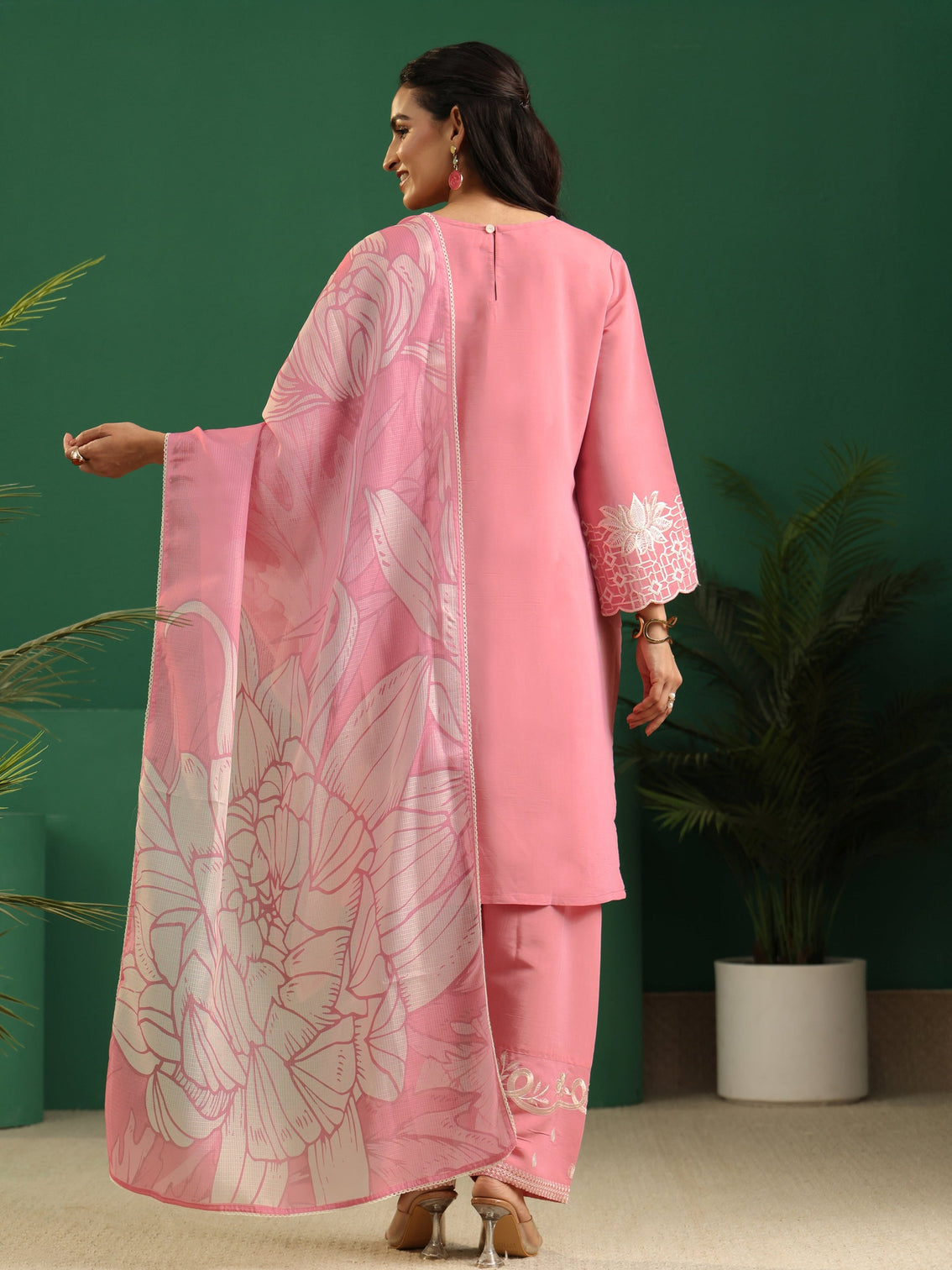Mameraa Baby Pink Floral Embroidered Silk Blend Farshi Suit Set