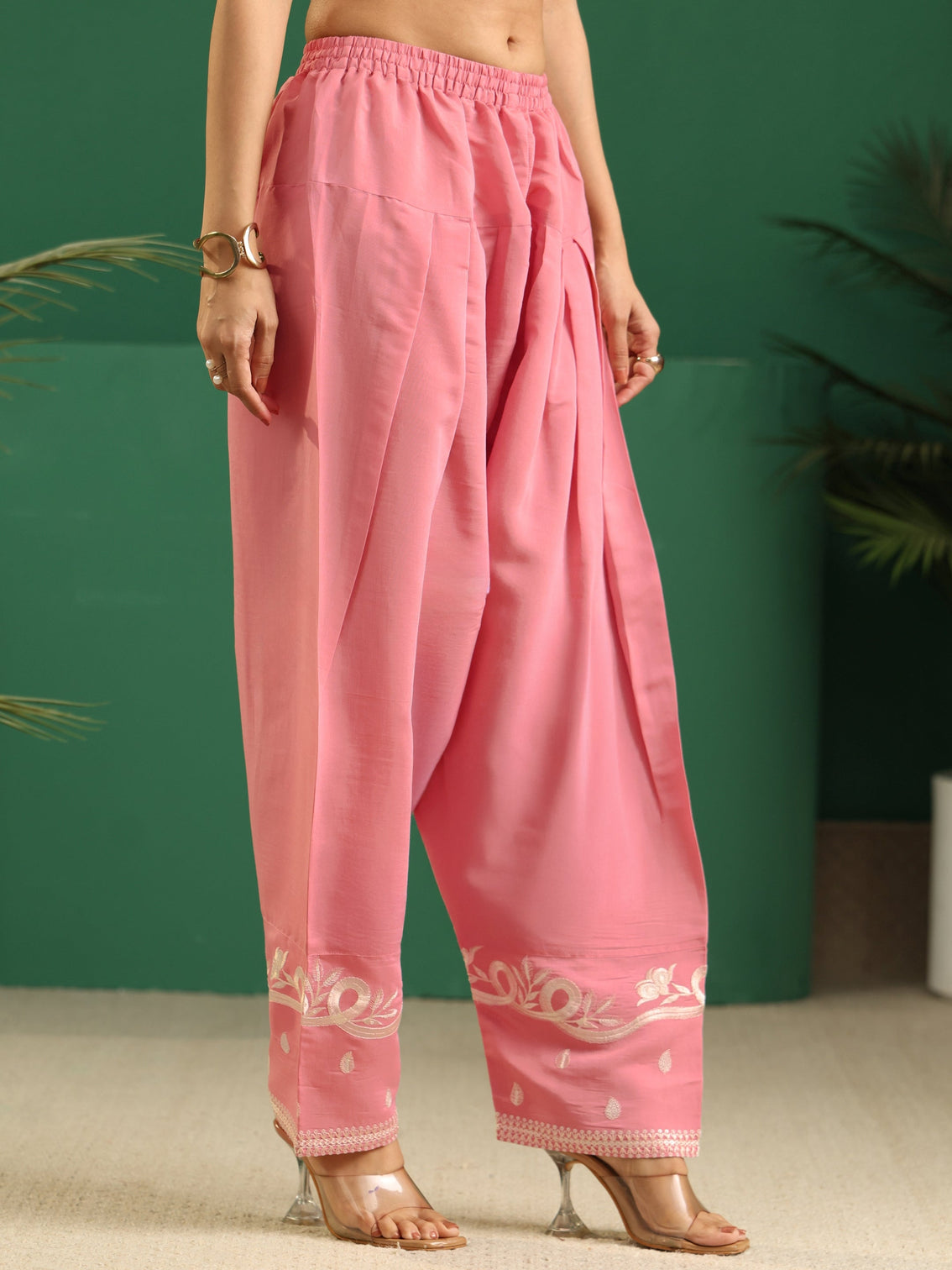 Mameraa Baby Pink Floral Embroidered Silk Blend Farshi Suit Set