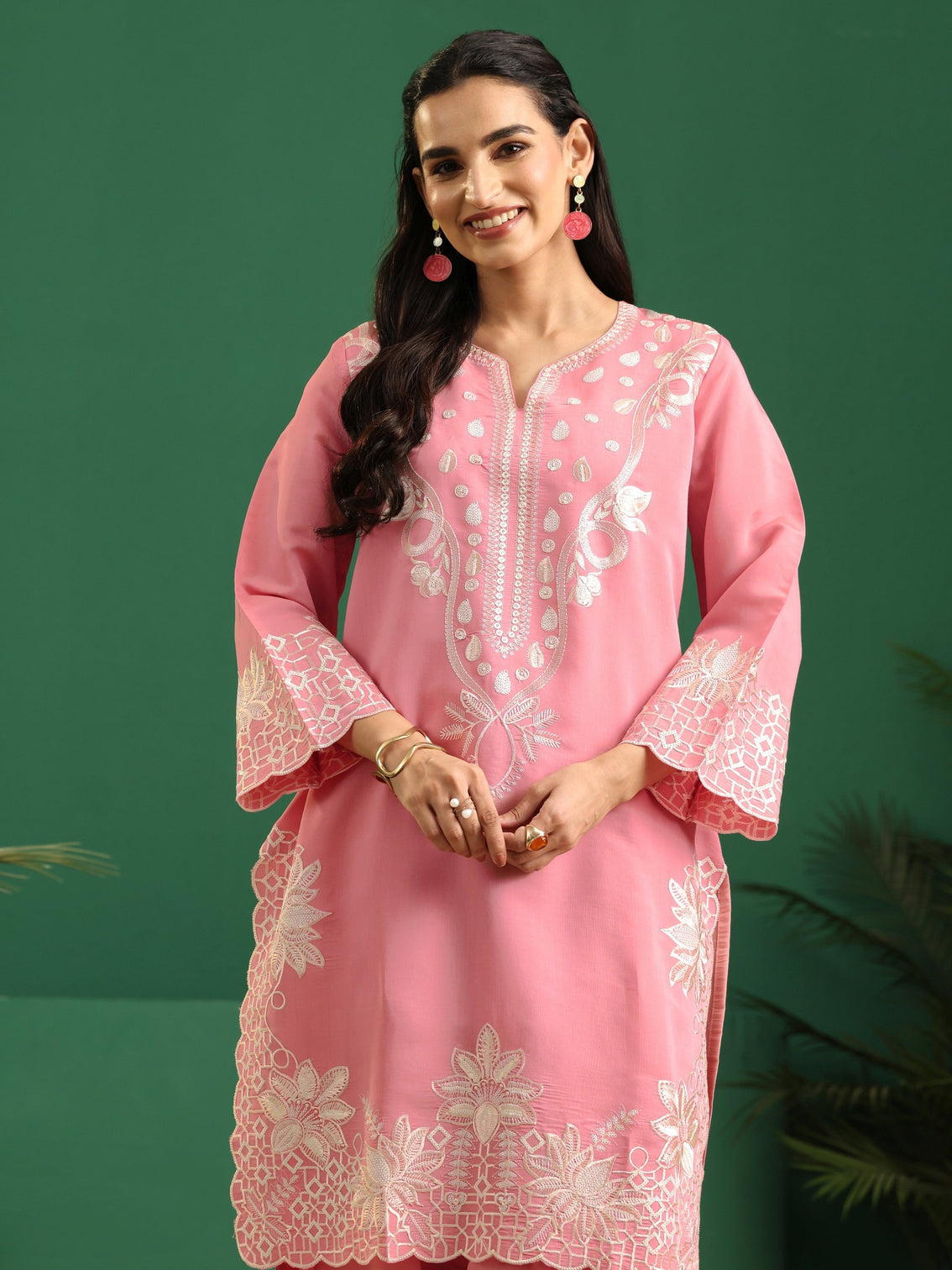 Mameraa Baby Pink Floral Embroidered Silk Blend Farshi Suit Set