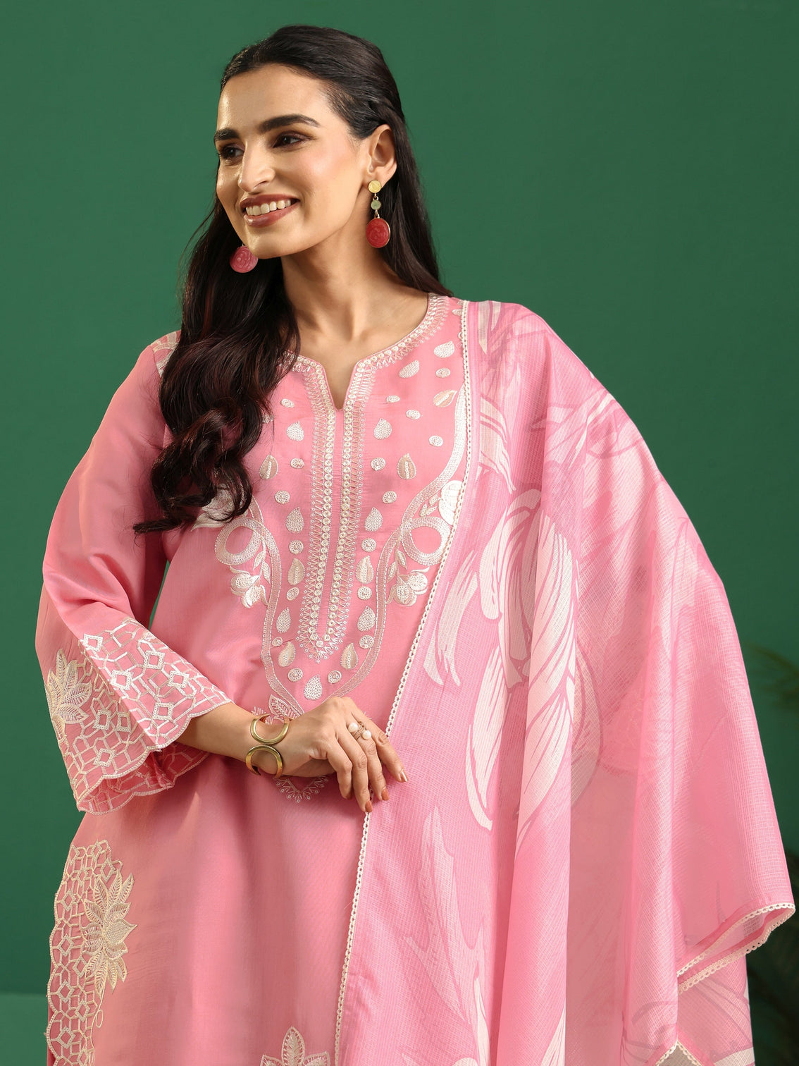 Mameraa Baby Pink Floral Embroidered Silk Blend Farshi Suit Set
