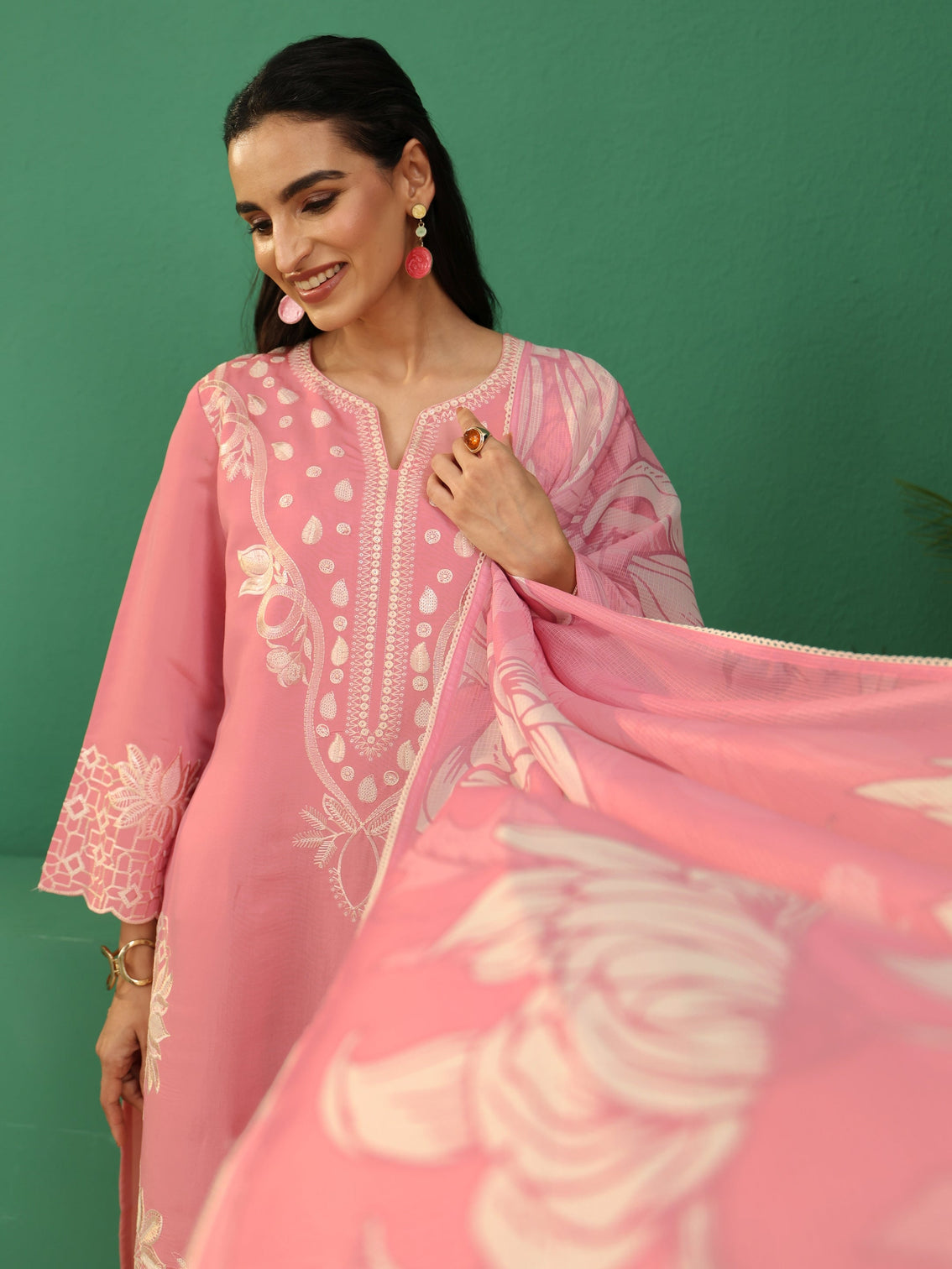 Mameraa Baby Pink Floral Embroidered Silk Blend Farshi Suit Set
