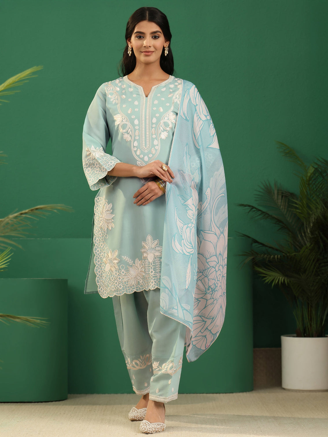 Mameraa Light Sea Green Floral Embroidered Silk Blend Farshi Suit Set