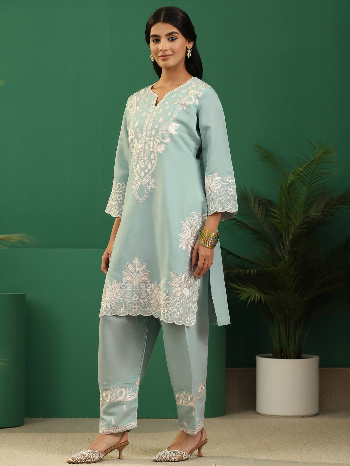 Mameraa Light Sea Green Floral Embroidered Silk Blend Farshi Suit Set