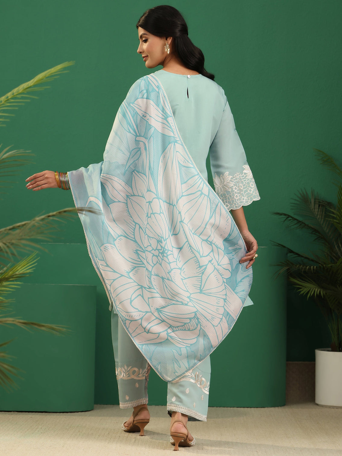 Mameraa Light Sea Green Floral Embroidered Silk Blend Farshi Suit Set
