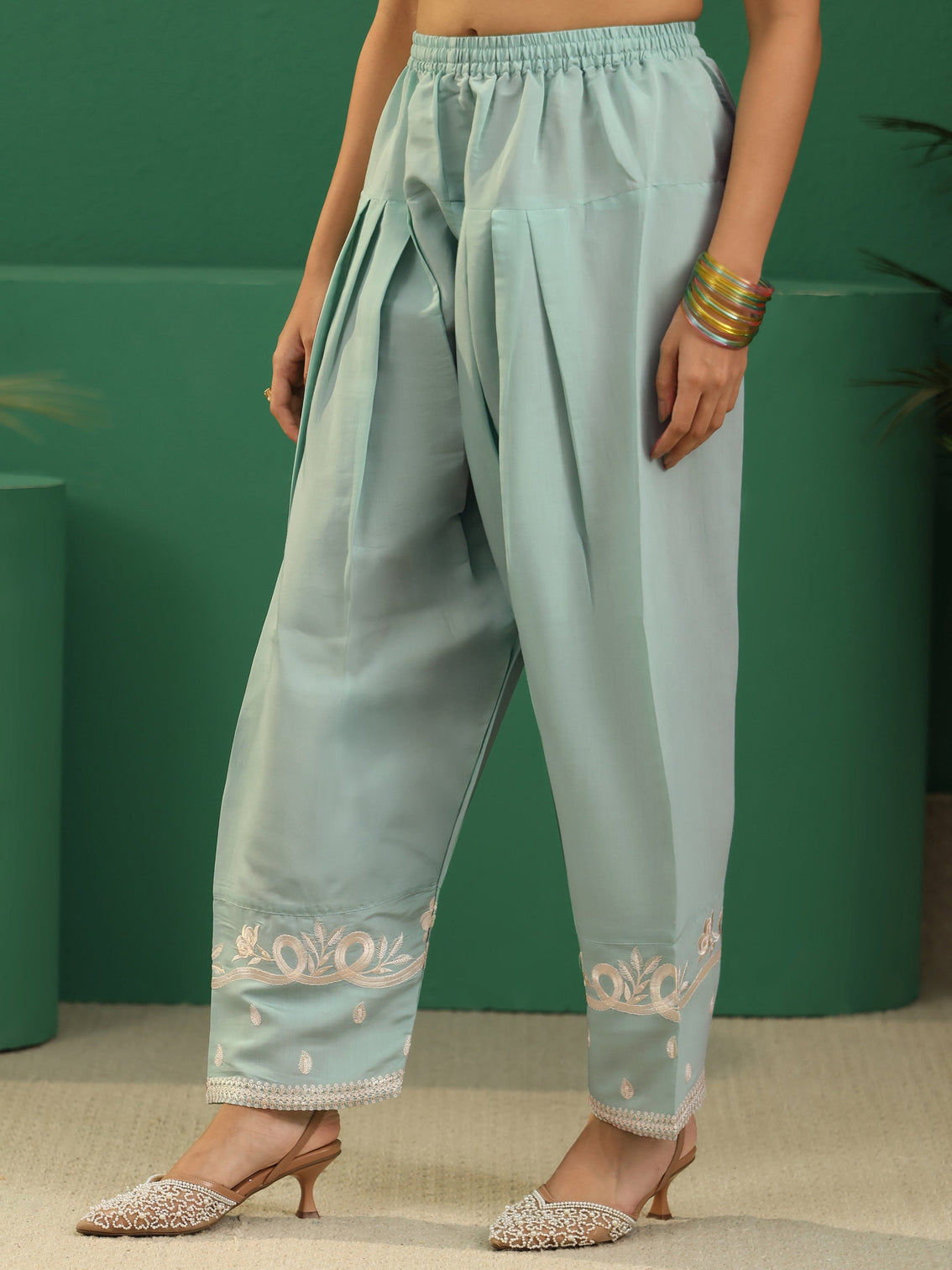 Mameraa Light Sea Green Floral Embroidered Silk Blend Farshi Suit Set