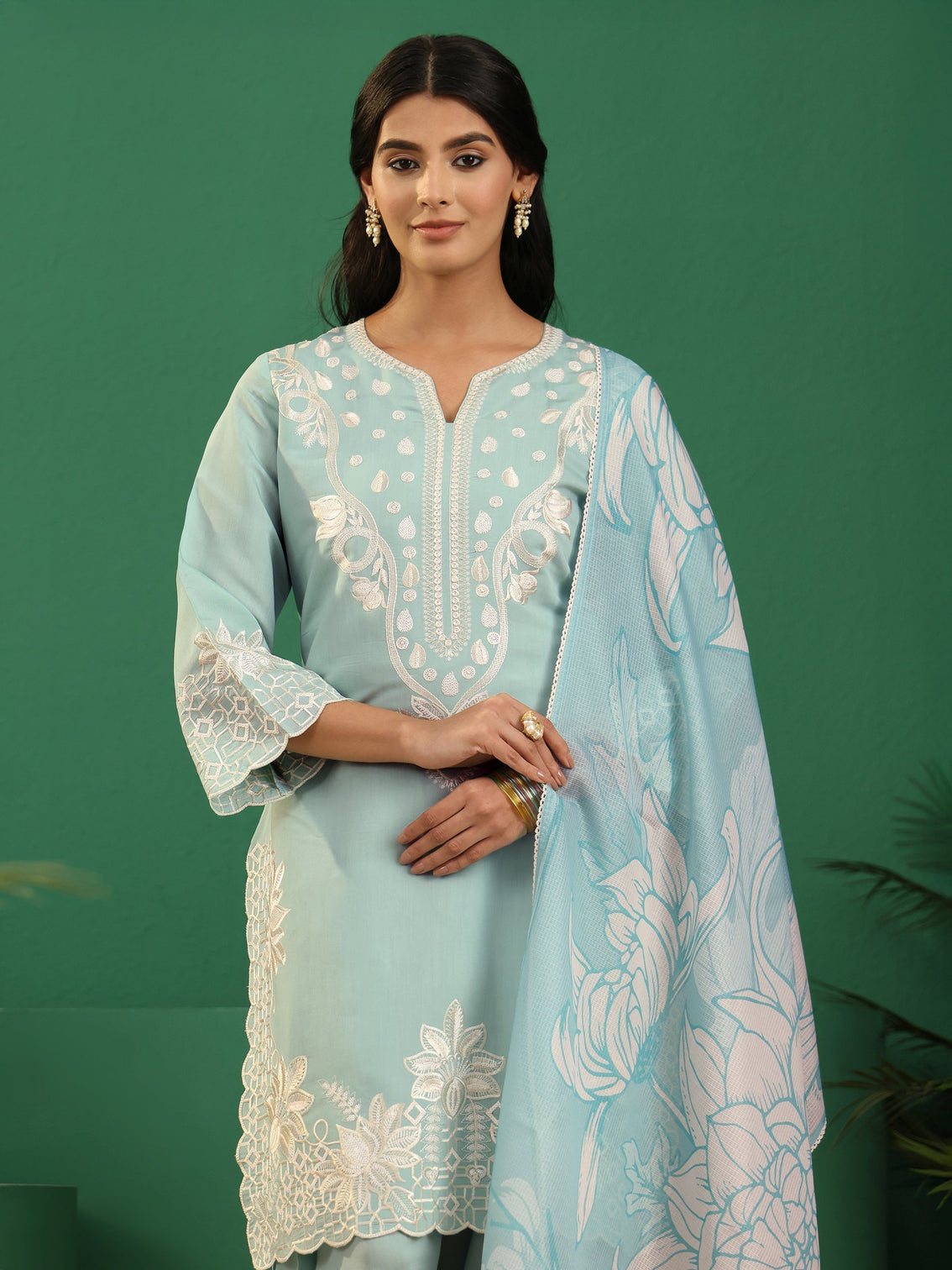 Mameraa Light Sea Green Floral Embroidered Silk Blend Farshi Suit Set