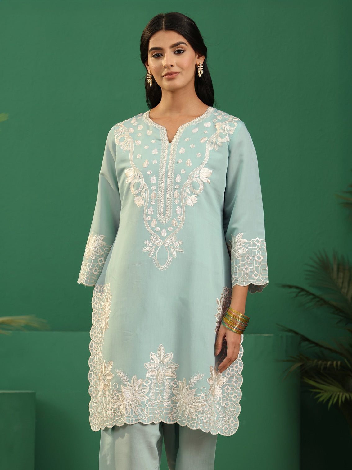 Mameraa Light Sea Green Floral Embroidered Silk Blend Farshi Suit Set