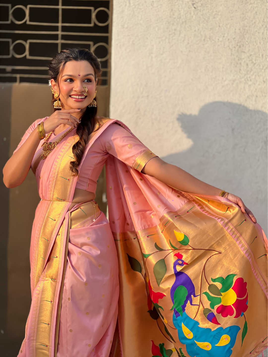 Baby Pink Wedding Special Nauvari Paithani Soft Silk Saree with Zari Woven Polka Motifs and Peacock Pallu