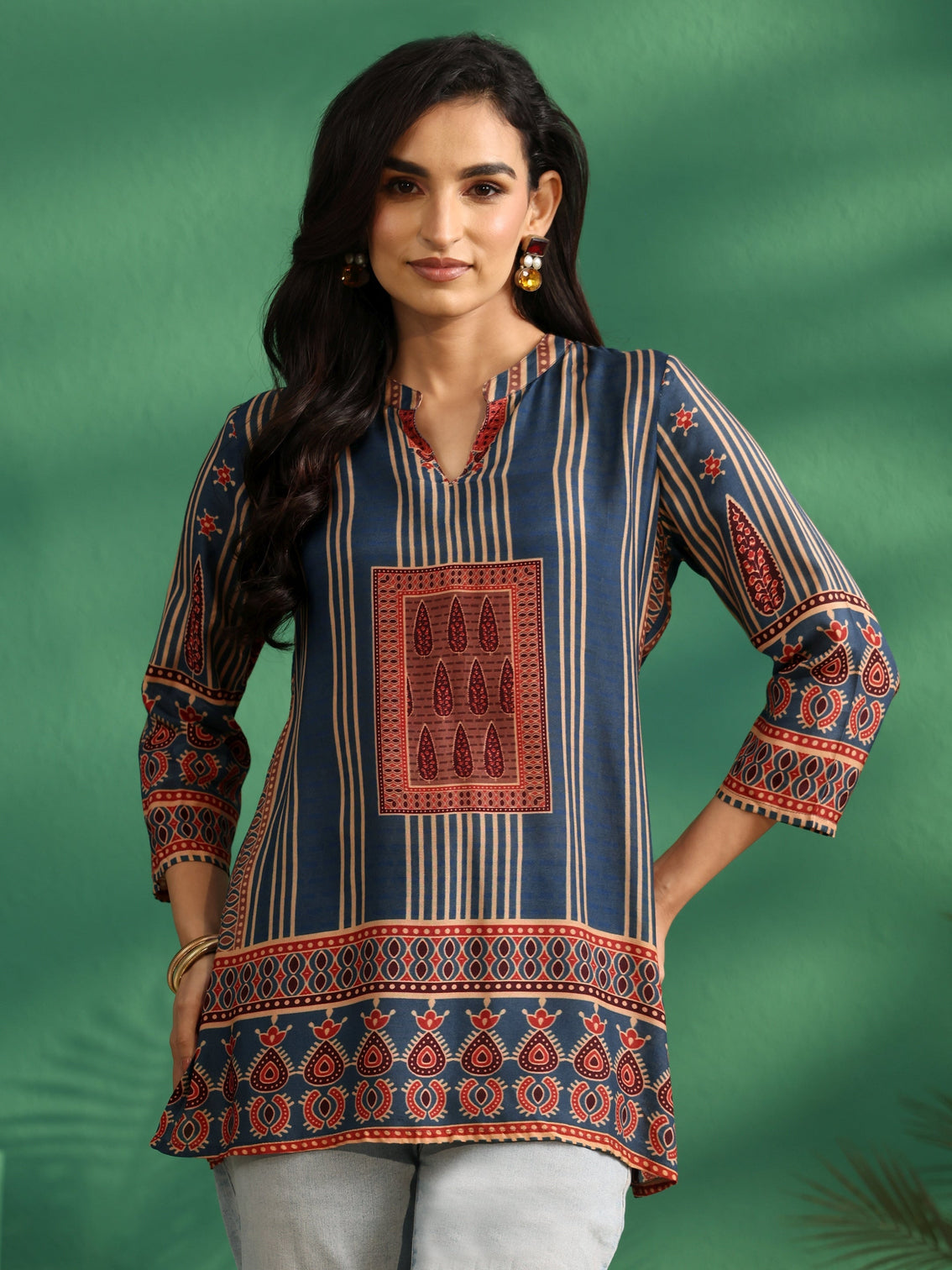 Mameraa Blue Striped Silk Blend Short Kurti