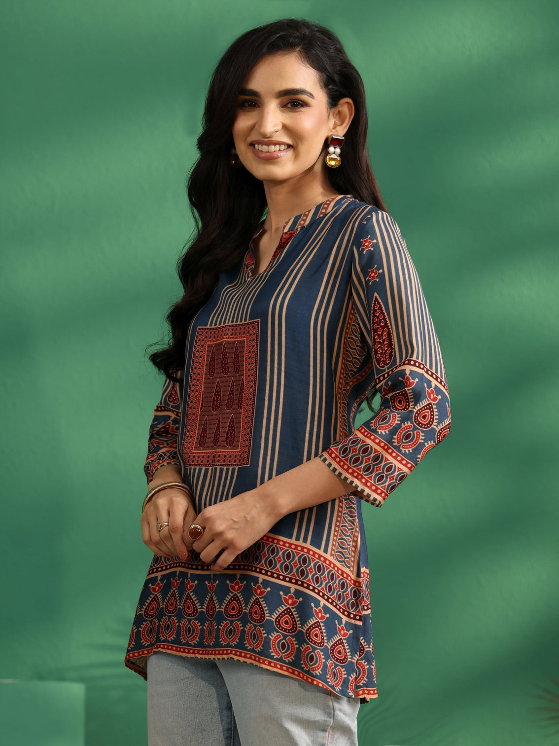 Mameraa Blue Striped Silk Blend Short Kurti