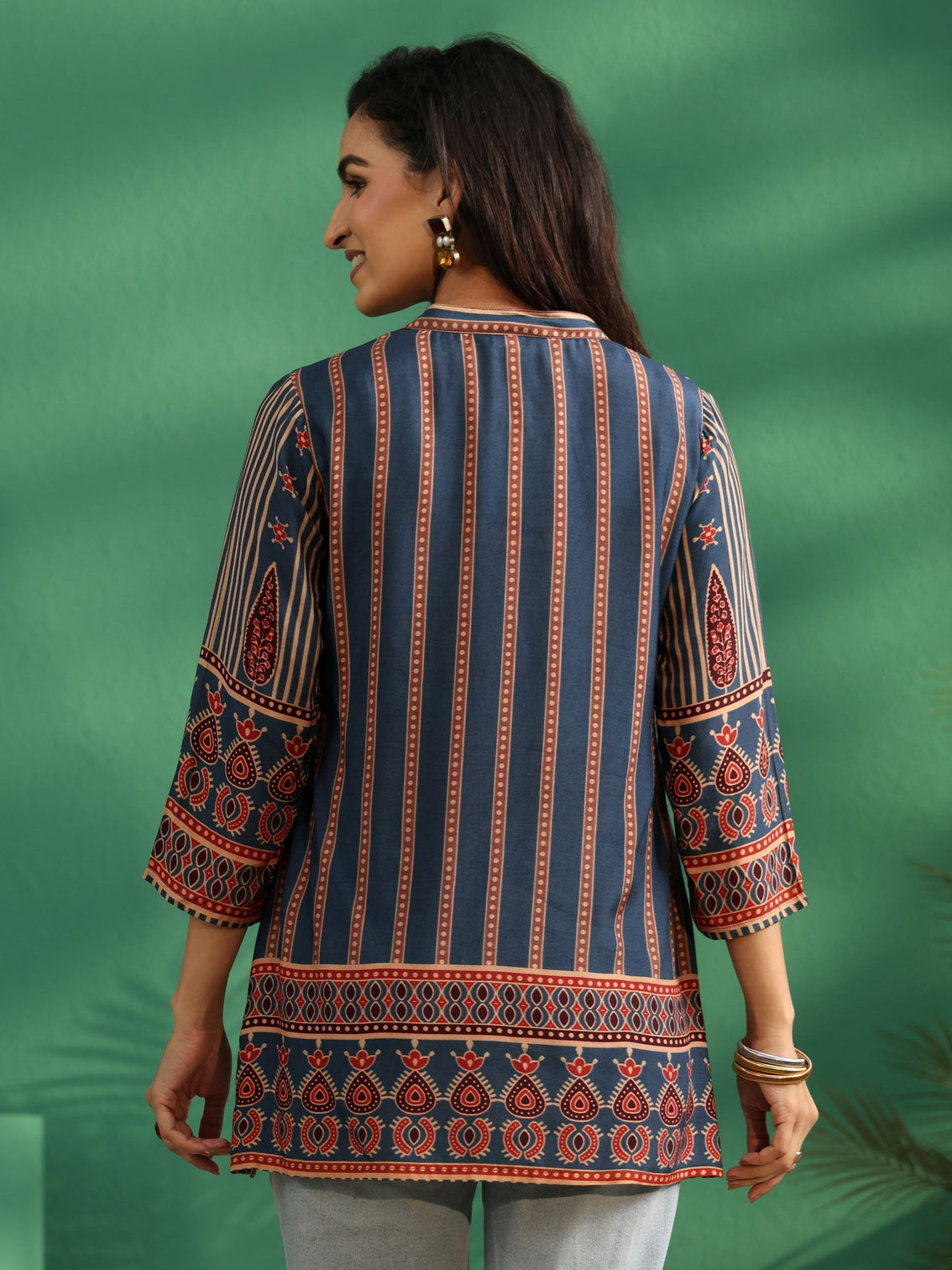 Mameraa Blue Striped Silk Blend Short Kurti