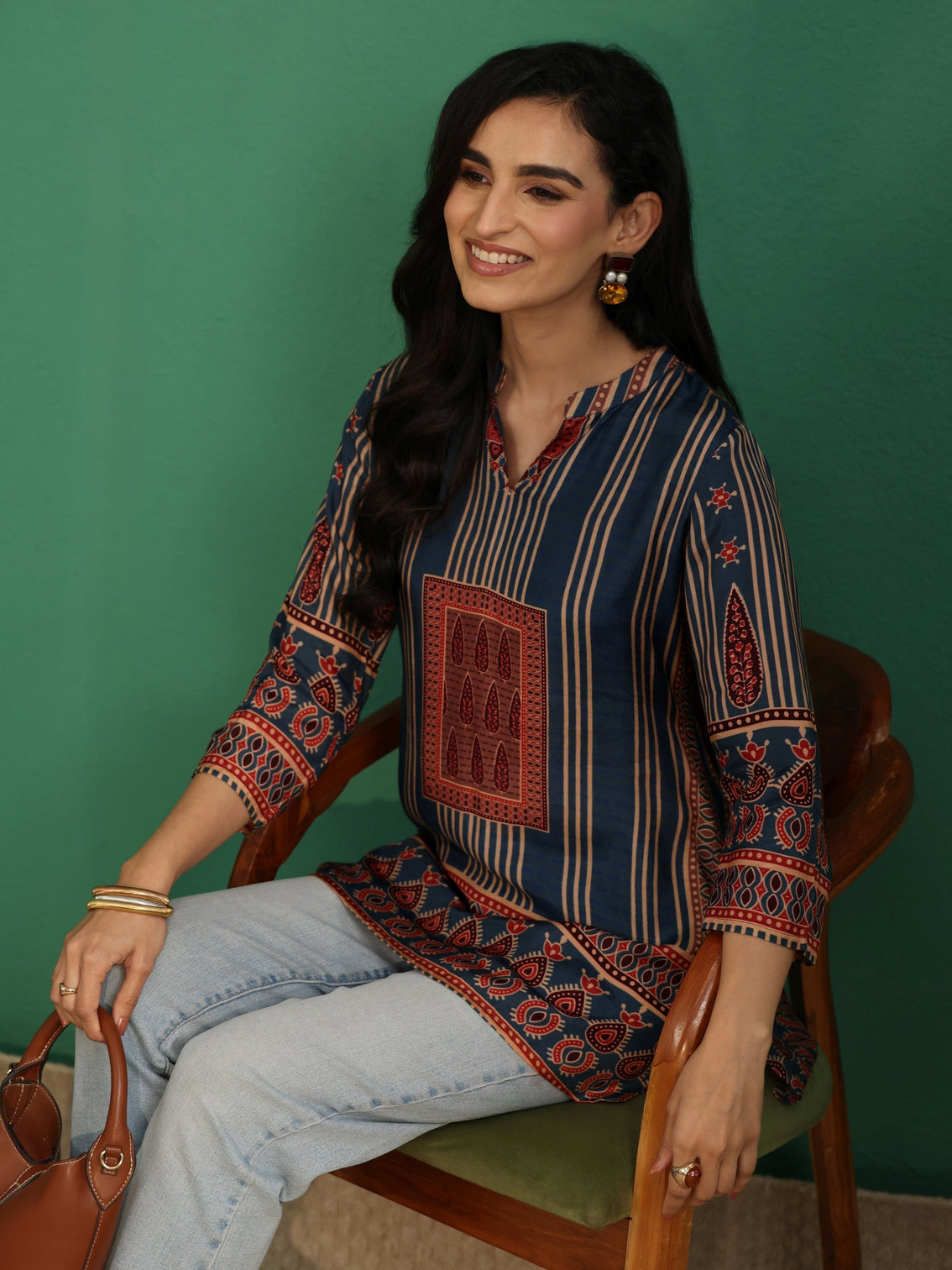 Mameraa Blue Striped Silk Blend Short Kurti