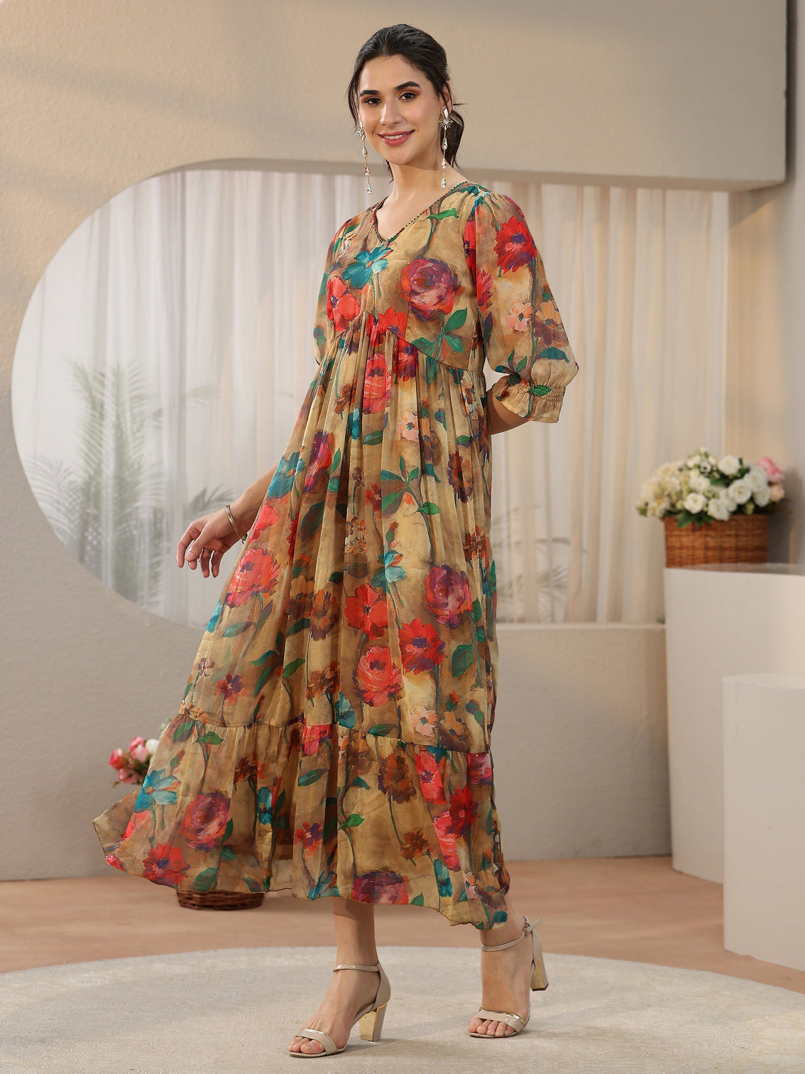 Mameraa Multicolour Floral Printed Empire Chiffon Dress