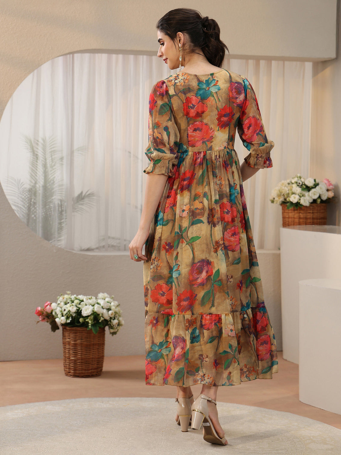 Mameraa Multicolour Floral Printed Empire Chiffon Dress