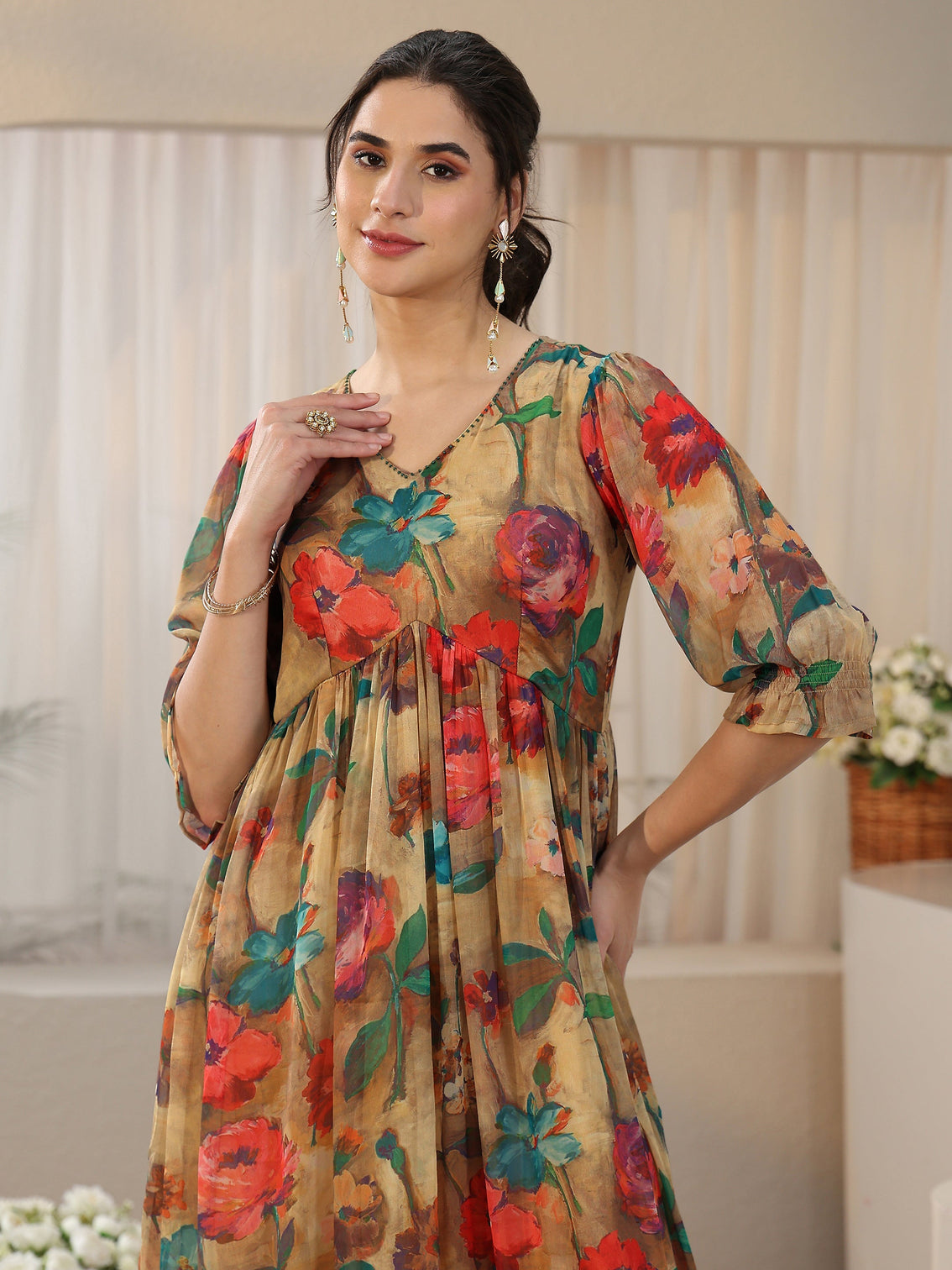 Mameraa Multicolour Floral Printed Empire Chiffon Dress