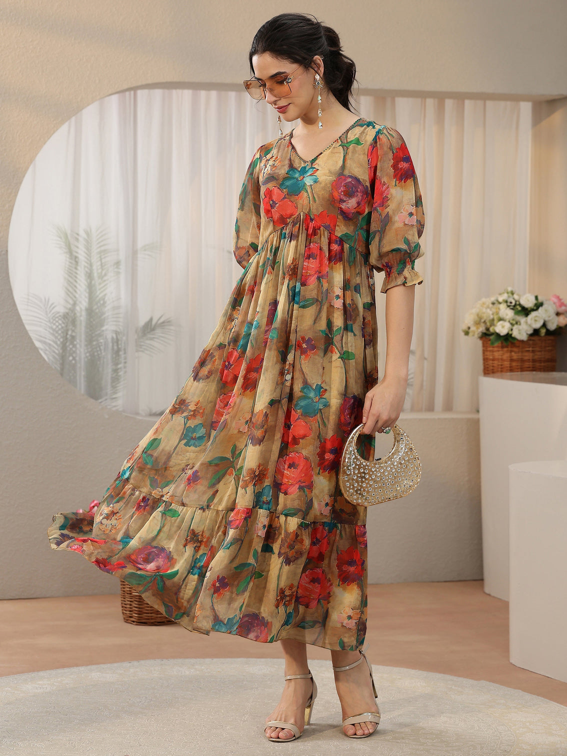 Mameraa Multicolour Floral Printed Empire Chiffon Dress