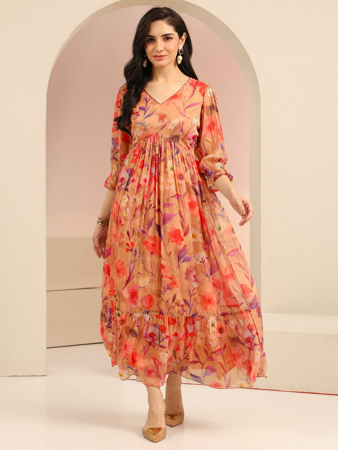 Mameraa Beige Floral Printed Chiffon Empire Dress