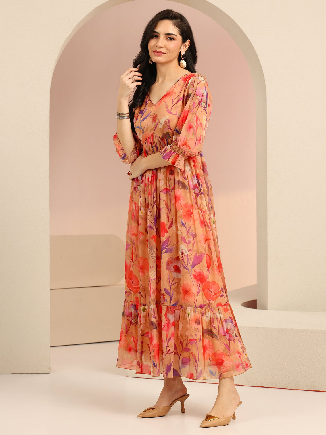 Mameraa Beige Floral Printed Chiffon Empire Dress
