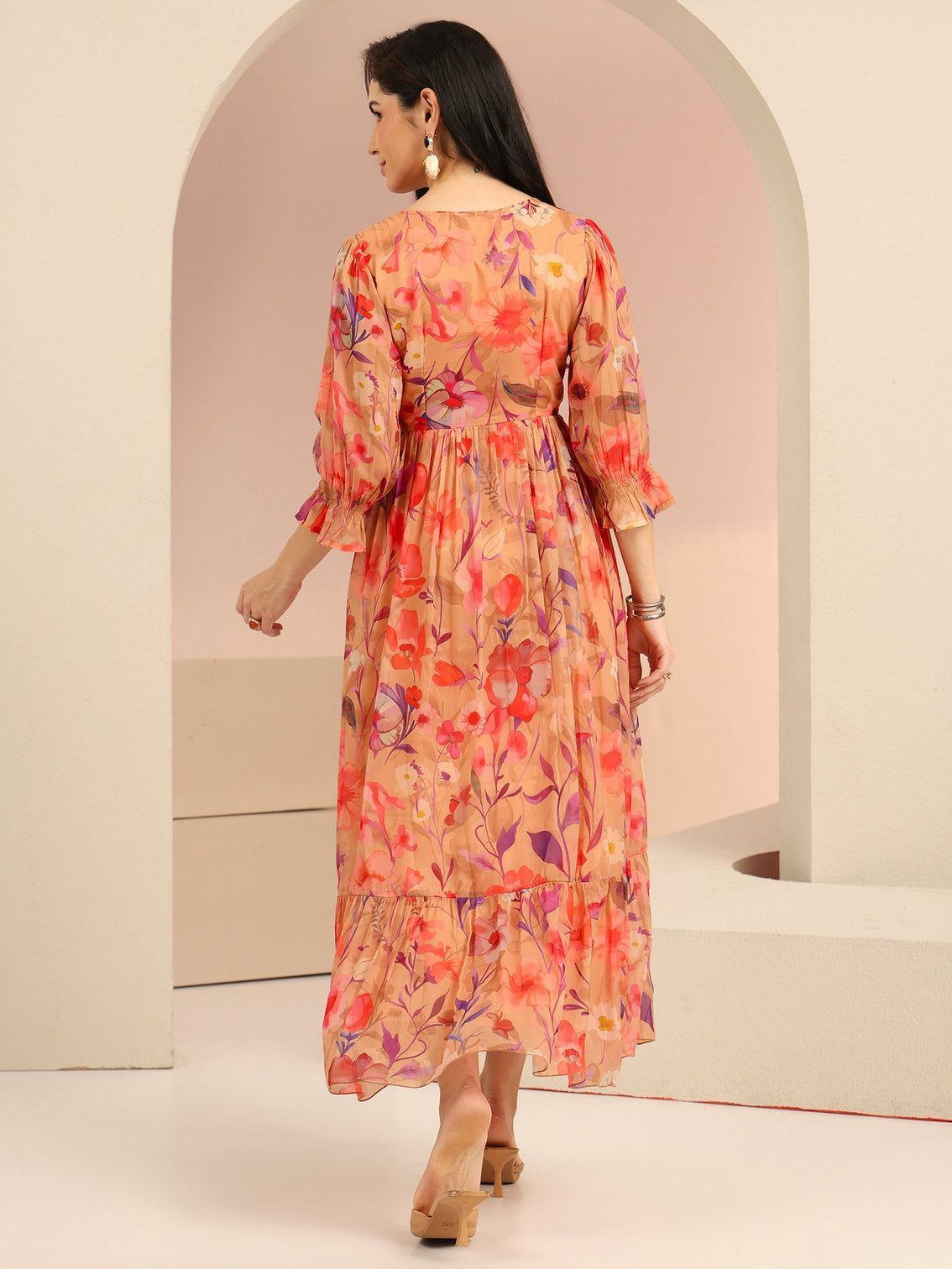 Mameraa Beige Floral Printed Chiffon Empire Dress