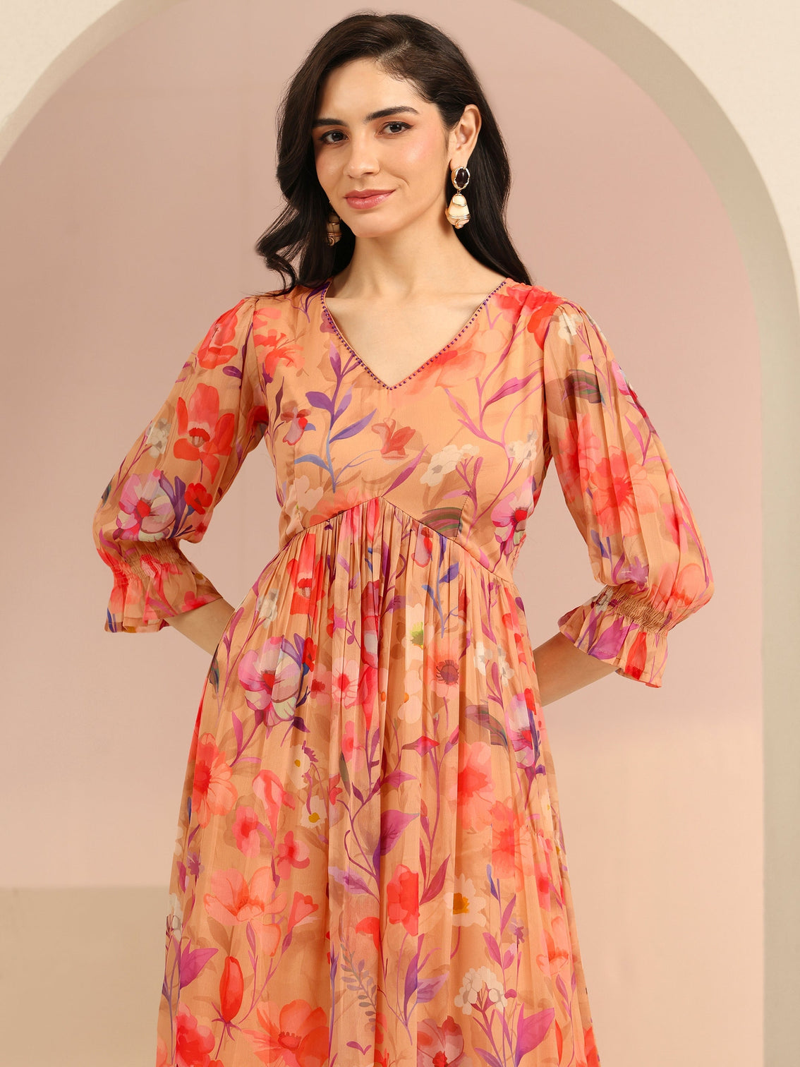 Mameraa Beige Floral Printed Chiffon Empire Dress
