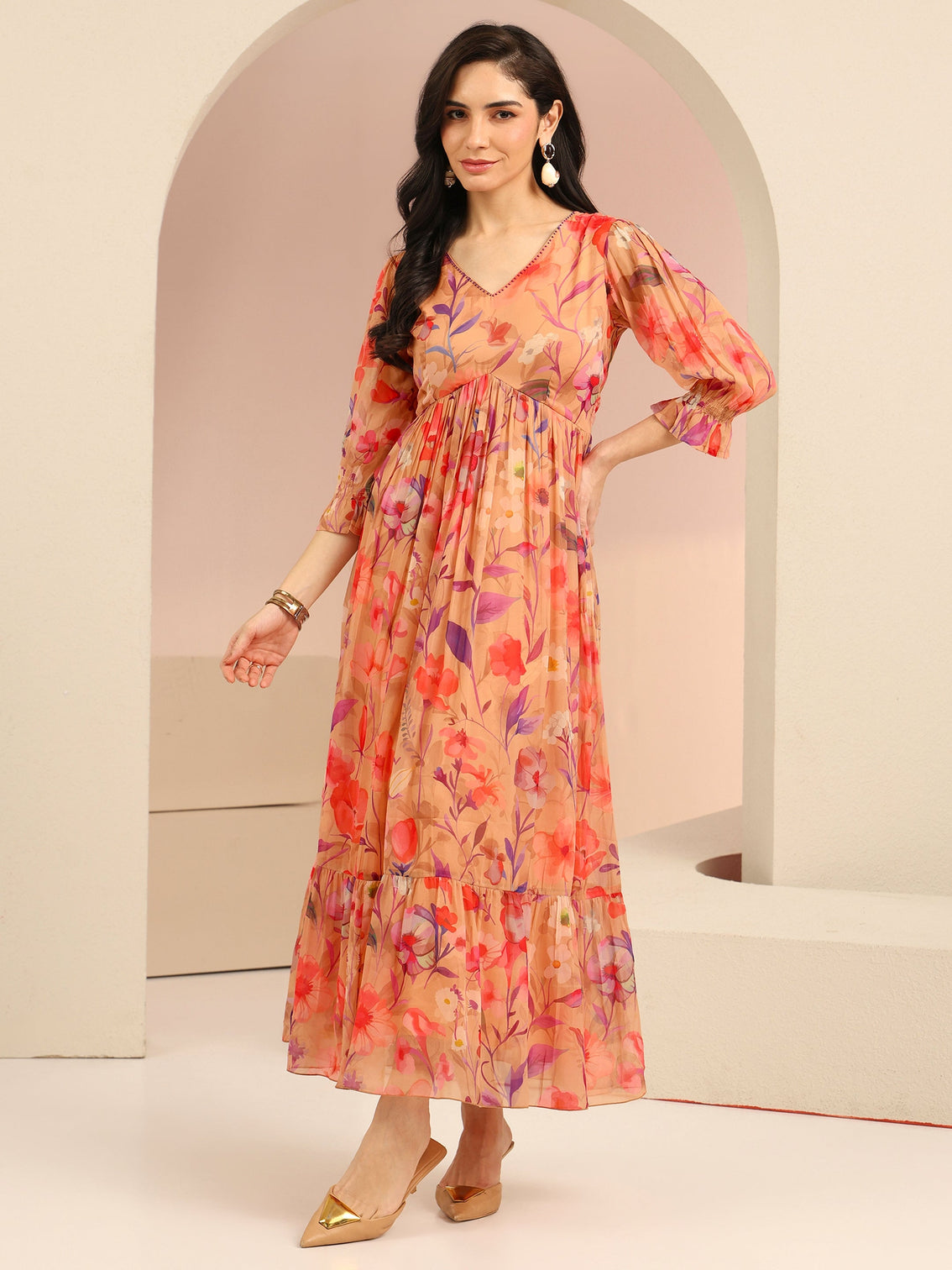 Mameraa Beige Floral Printed Chiffon Empire Dress