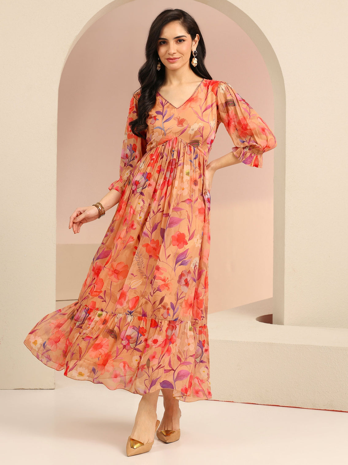 Mameraa Beige Floral Printed Chiffon Empire Dress