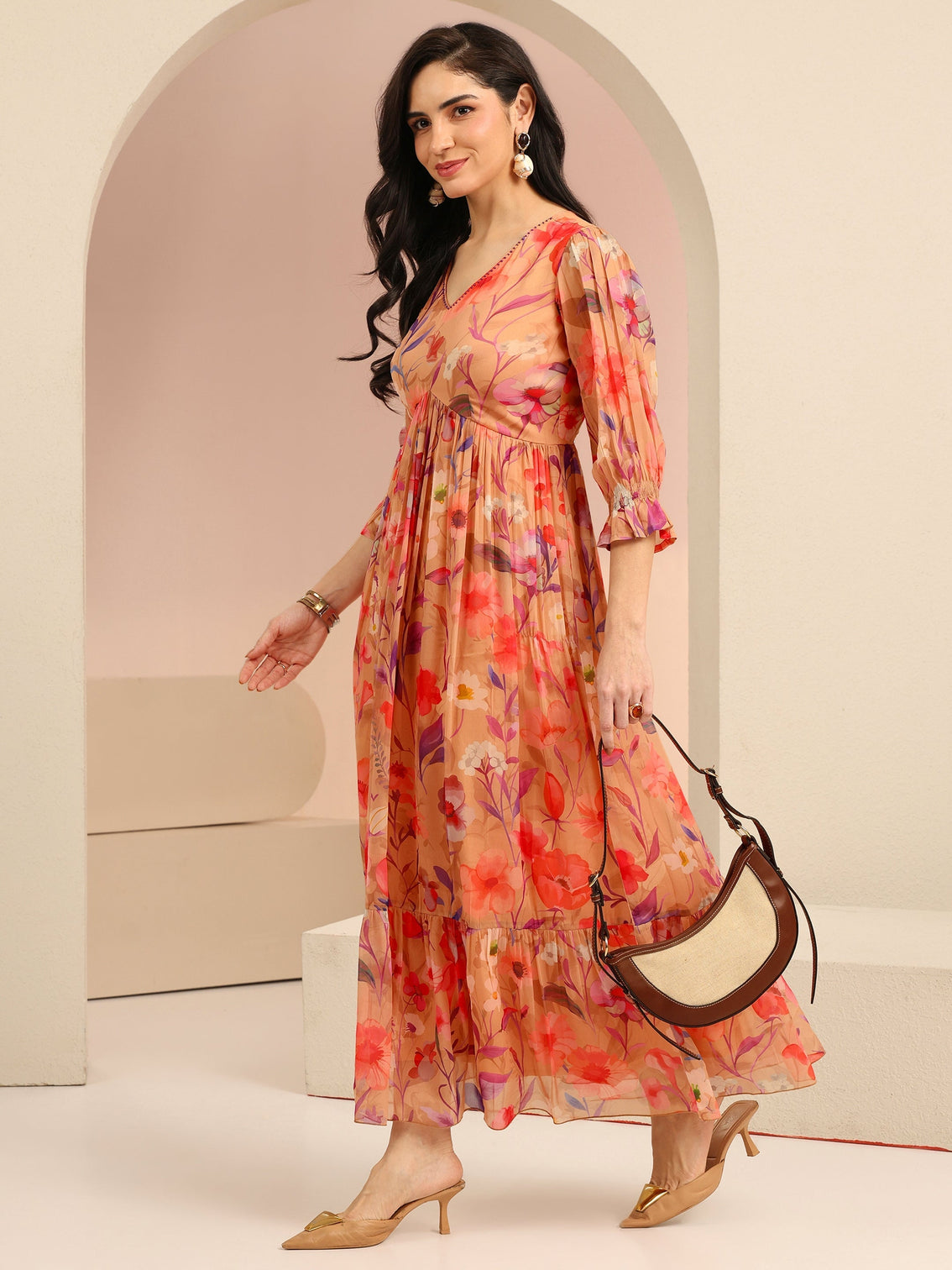 Mameraa Beige Floral Printed Chiffon Empire Dress