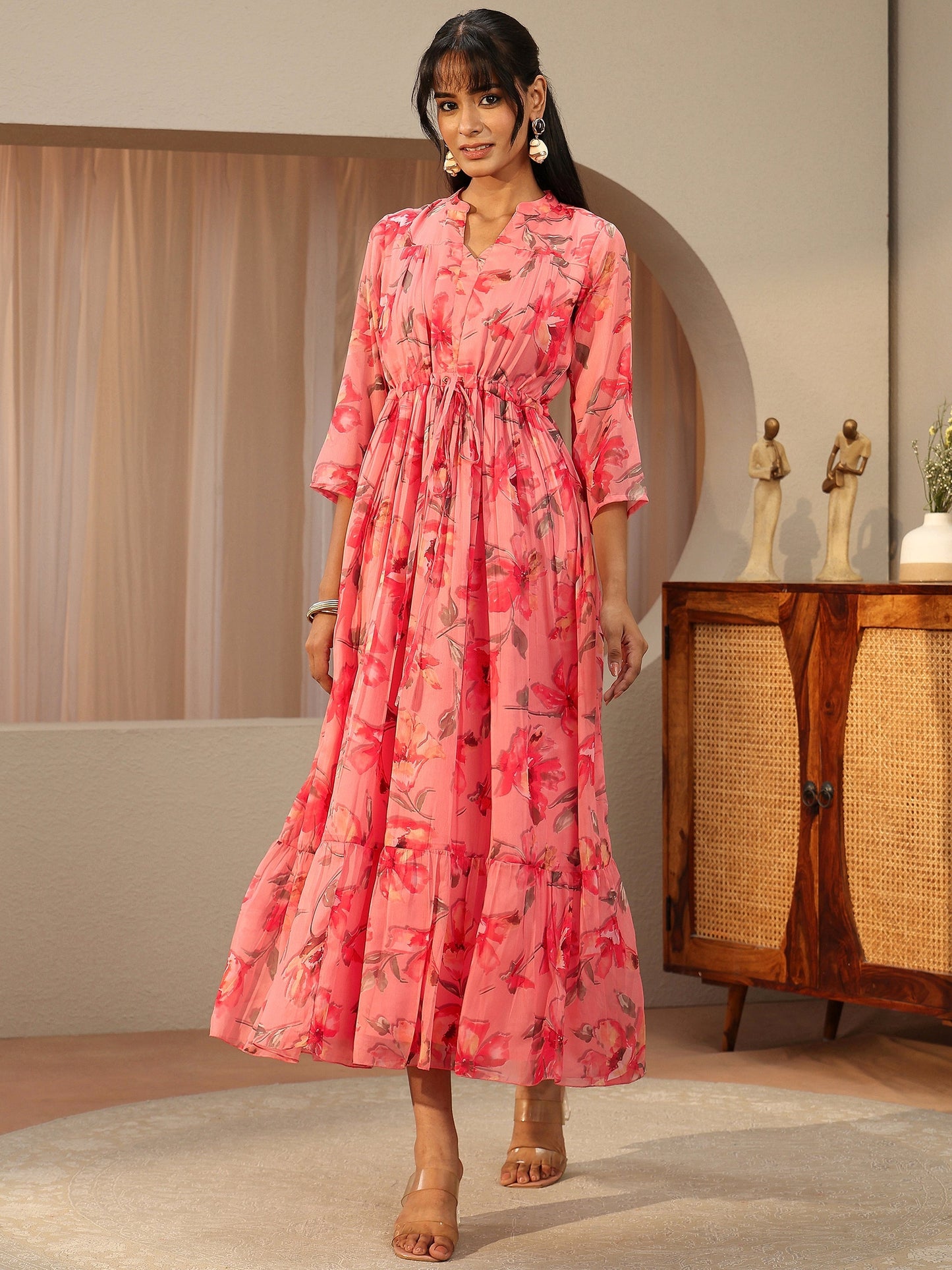 Libas Peach Pink Floral Printed Chiffon A-Line Drop Waist Dress