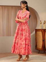 Libas Peach Pink Floral Printed Chiffon A-Line Drop Waist Dress