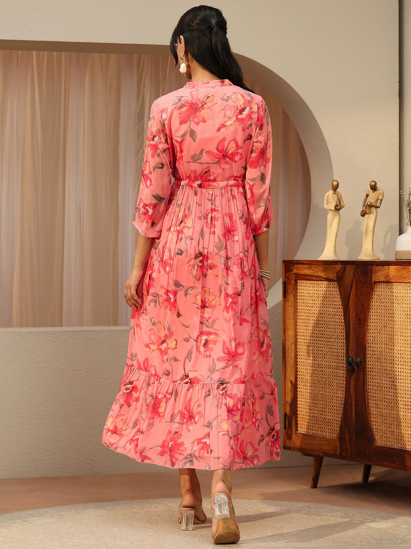 Libas Peach Pink Floral Printed Chiffon A-Line Drop Waist Dress