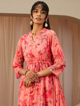 Libas Peach Pink Floral Printed Chiffon A-Line Drop Waist Dress