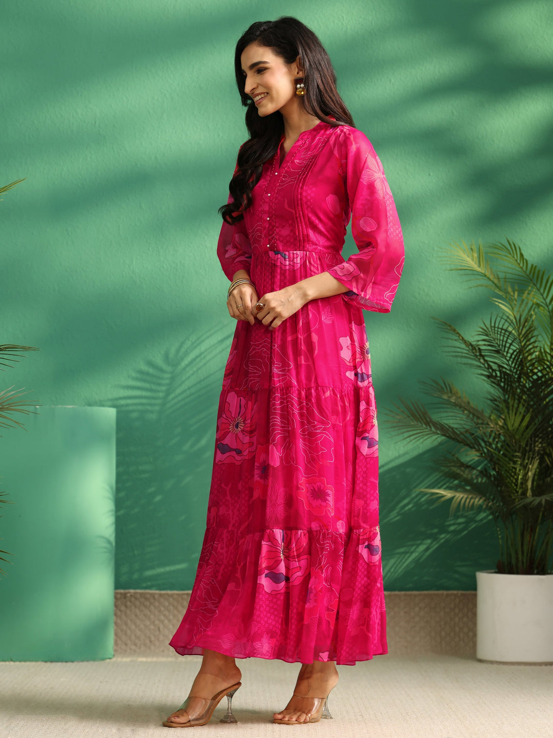Mameraa Fuchsia Pink Floral Printed Chiffon Tiered Dress